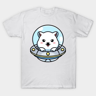 Cute polar bear flying with spaceship ufo cartoon T-Shirt